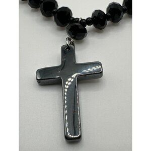 Vintage Hematite Cross Necklace Gray Black Rosary Style Glass Seed Faceted Beads